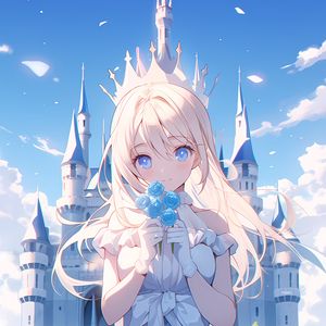 Preview wallpaper girl, princess, bouquet, dress, castle, anime