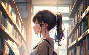 Preview wallpaper girl, profile, books, window, anime