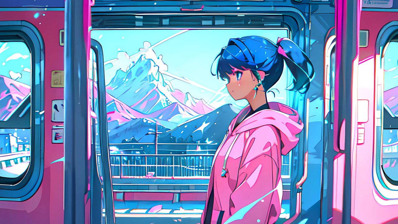 Wallpaper girl, profile, bus, window, pink, anime