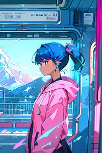 Preview wallpaper girl, profile, bus, window, pink, anime
