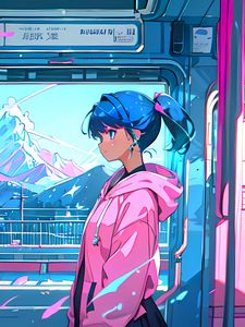 Preview wallpaper girl, profile, bus, window, pink, anime