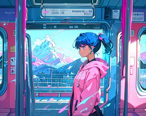 Preview wallpaper girl, profile, bus, window, pink, anime