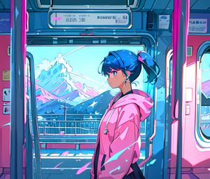 Preview wallpaper girl, profile, bus, window, pink, anime