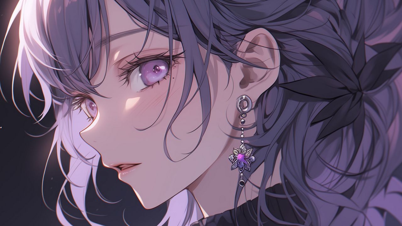 Wallpaper girl, profile, face, earring, anime, purple, art