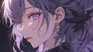 Preview wallpaper girl, profile, face, earring, anime, purple, art