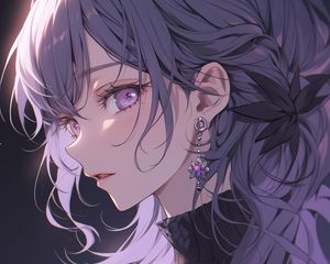 Preview wallpaper girl, profile, face, earring, anime, purple, art