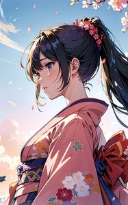Preview wallpaper girl, profile, kimono, sakura, anime