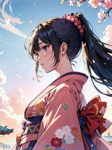 Preview wallpaper girl, profile, kimono, sakura, anime