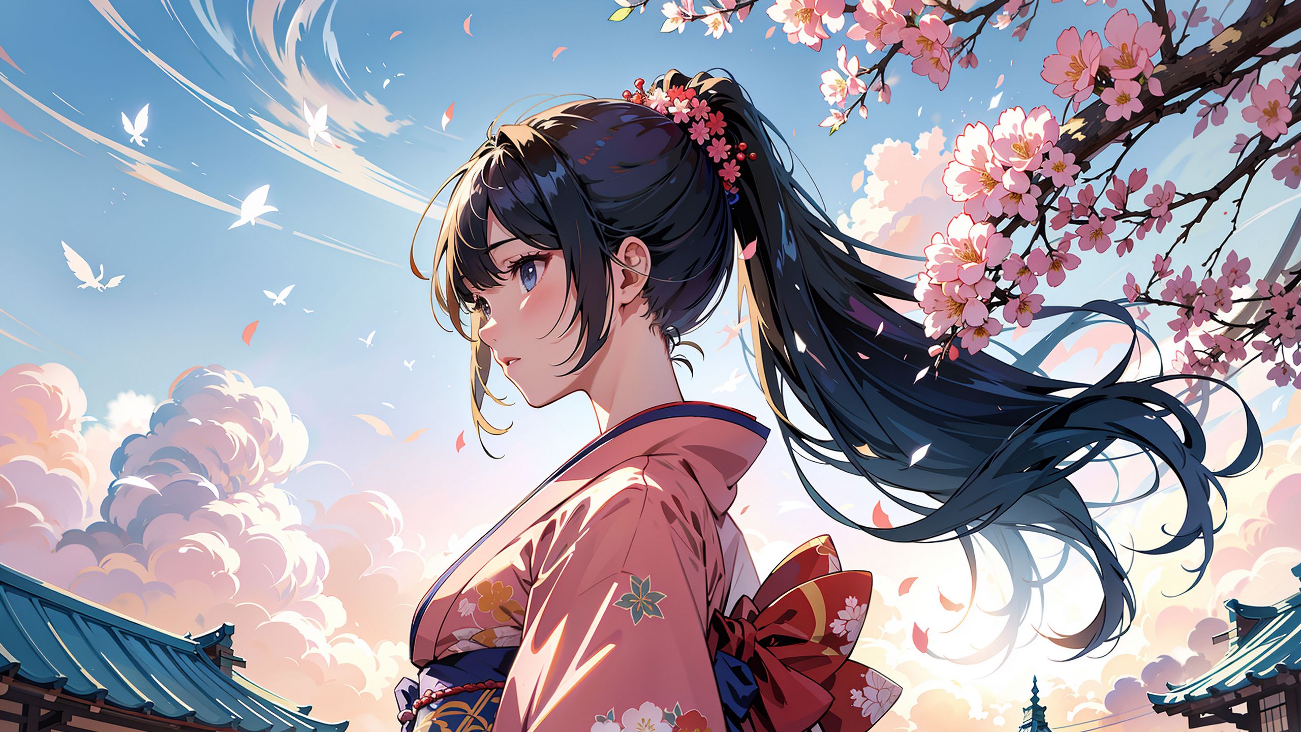 Download Wallpaper 2560x1440 Girl Profile Kimono Sakura Anime Widescreen 16 9 Hd Background