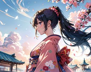 Preview wallpaper girl, profile, kimono, sakura, anime