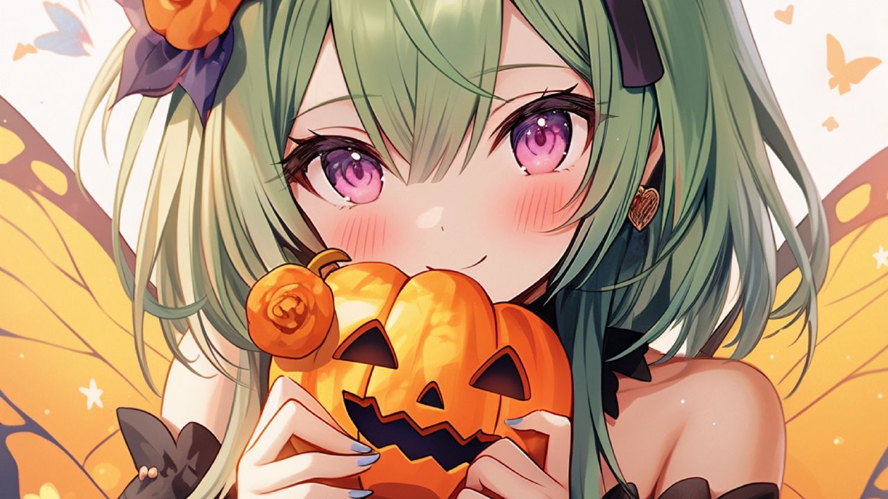Wallpaper girl, pumpkin, halloween, anime, holiday