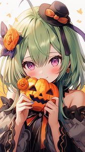 Preview wallpaper girl, pumpkin, halloween, anime, holiday