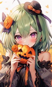 Preview wallpaper girl, pumpkin, halloween, anime, holiday