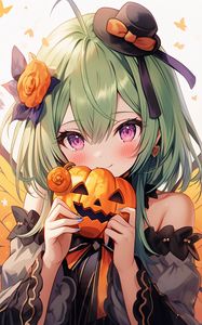 Preview wallpaper girl, pumpkin, halloween, anime, holiday