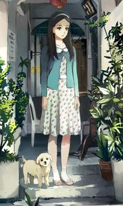 Preview wallpaper girl, puppy, plants, anime, art