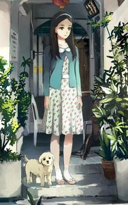 Preview wallpaper girl, puppy, plants, anime, art