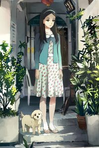 Preview wallpaper girl, puppy, plants, anime, art