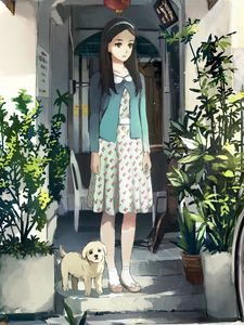 Preview wallpaper girl, puppy, plants, anime, art