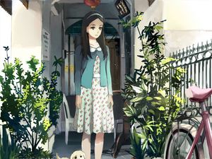 Preview wallpaper girl, puppy, plants, anime, art