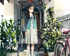 Preview wallpaper girl, puppy, plants, anime, art