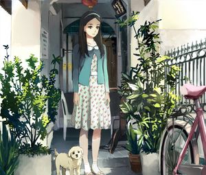 Preview wallpaper girl, puppy, plants, anime, art
