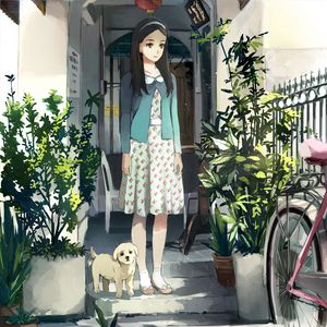 Preview wallpaper girl, puppy, plants, anime, art