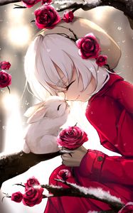 Preview wallpaper girl, rabbit, happiness, smile, roses, anime