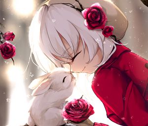 Preview wallpaper girl, rabbit, happiness, smile, roses, anime