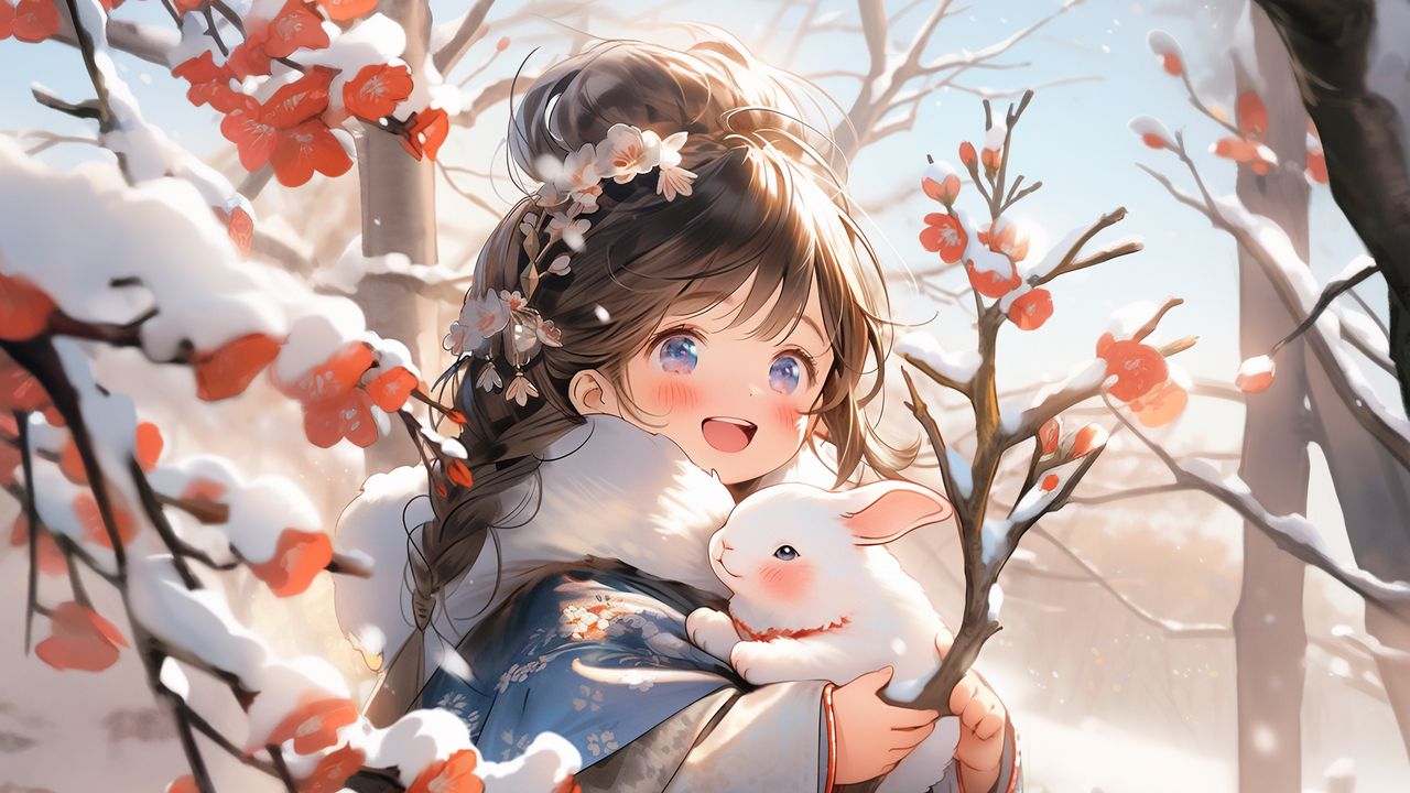 Wallpaper girl, rabbit, winter, snow, anime, art