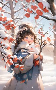Preview wallpaper girl, rabbit, winter, snow, anime, art
