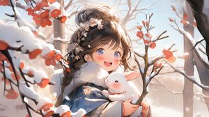 Preview wallpaper girl, rabbit, winter, snow, anime, art