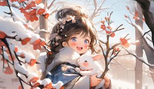 Preview wallpaper girl, rabbit, winter, snow, anime, art