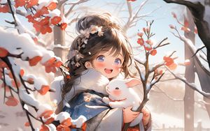 Preview wallpaper girl, rabbit, winter, snow, anime, art