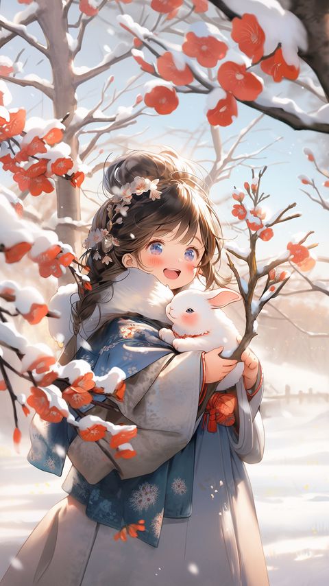 480x854 Wallpaper girl, rabbit, winter, snow, anime, art
