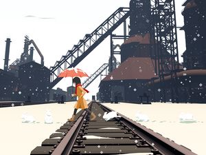 Preview wallpaper girl, rabbits, railroad, art