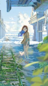 Preview wallpaper girl, rails, water, clouds, anime