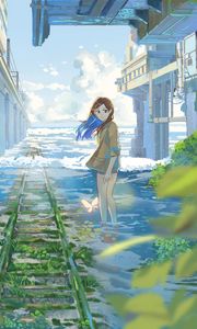 Preview wallpaper girl, rails, water, clouds, anime
