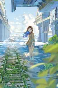 Preview wallpaper girl, rails, water, clouds, anime