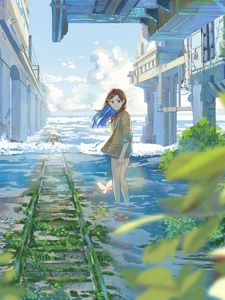 Preview wallpaper girl, rails, water, clouds, anime