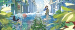 Preview wallpaper girl, rails, water, clouds, anime