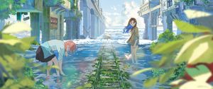 Preview wallpaper girl, rails, water, clouds, anime