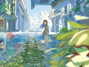 Preview wallpaper girl, rails, water, clouds, anime