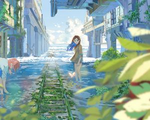 Preview wallpaper girl, rails, water, clouds, anime