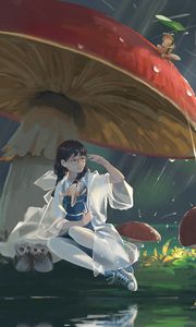 Preview wallpaper girl, rain, art, mushrooms, animals