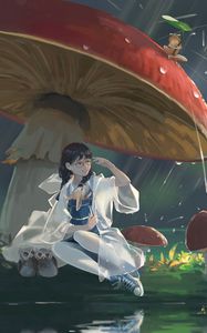 Preview wallpaper girl, rain, art, mushrooms, animals