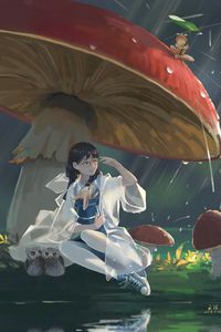 Preview wallpaper girl, rain, art, mushrooms, animals