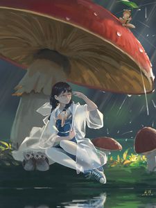 Preview wallpaper girl, rain, art, mushrooms, animals