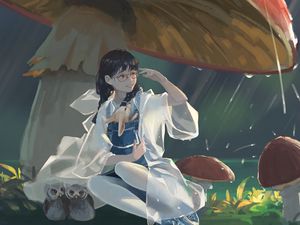 Preview wallpaper girl, rain, art, mushrooms, animals