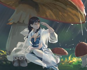 Preview wallpaper girl, rain, art, mushrooms, animals