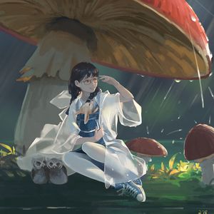 Preview wallpaper girl, rain, art, mushrooms, animals